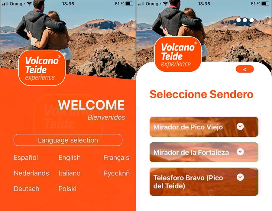 Schermen van de app van de audiogids van Kabelbaan de Teide