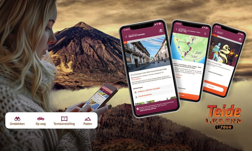 Vrouw gebruikt de Teide Legend-app om de wandelpaden van het Nationaal Park El Teide te bekijken