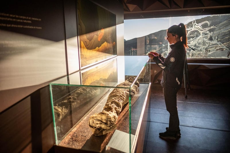 Молодая девушка фотографирует мумию гуанчей на выставке «Наука и легенда» в Центре для посетителей Тейде.