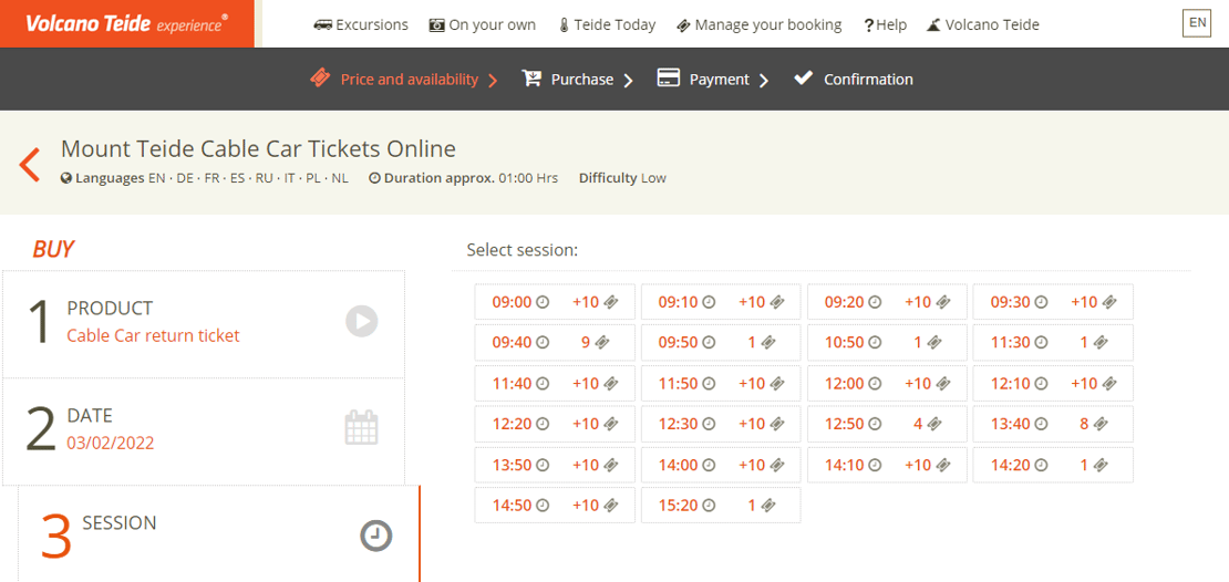 Image of the booking system on the Volcano Teide Experience website