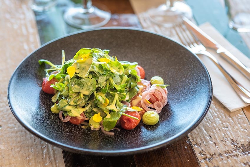 Salat mit gegrilltem Käse, Vinaigrette aus Passionsfrucht, garniert mit Körnern.