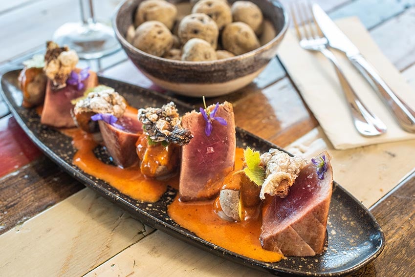 Canary Island tuna steak with potatoes and mojo sauce